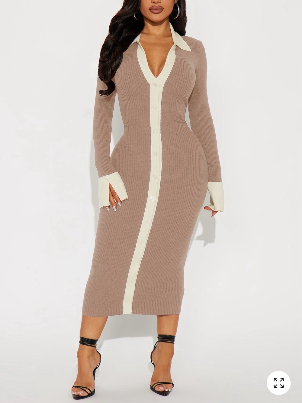 Fashion Nova Ribbed Button-Front Collared Midi Dress in Taupe & Cream